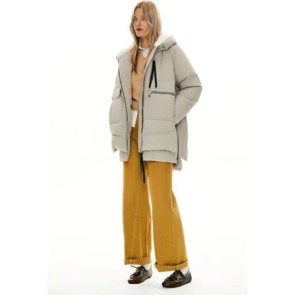 Women's Thickened Beige Clothing Down Vest Jacket Warm Fleece Lined Hood Coat